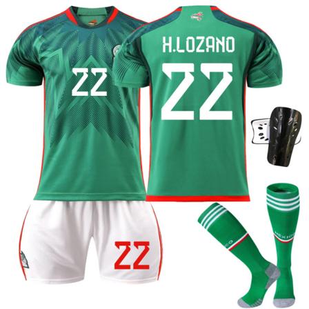 22-23 Mexico fodboldtrøje nr. 14 hjemme 16 trøje grøn 9 Raul 22 Lozeno dragt originale sokker No. 22 with socks + protective gear #2XL