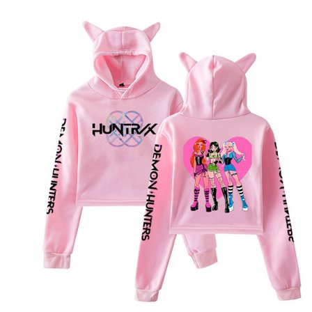 Demon Hunter Group Trykt Genser med Katteører, Kort Modell, Voksen, Casual Plysjhettegenser, Mote Dameklær