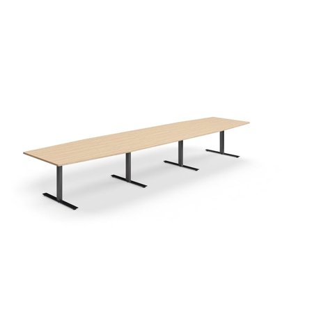Conference table QBUS, boat shaped, 4800x1200 mm, T-frame, black frame, oak
