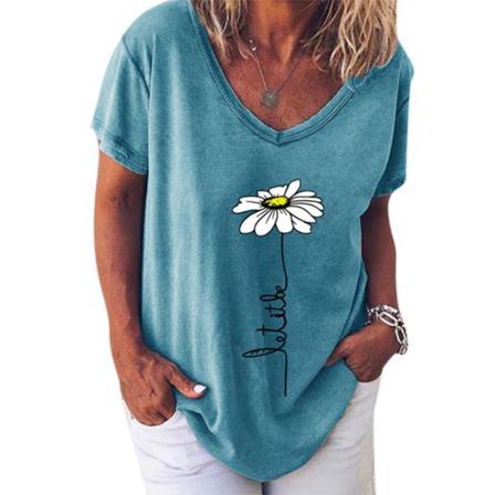 Kvinnor T-shirt V-hals Blomma Utskrift Top Kortärmad Lös