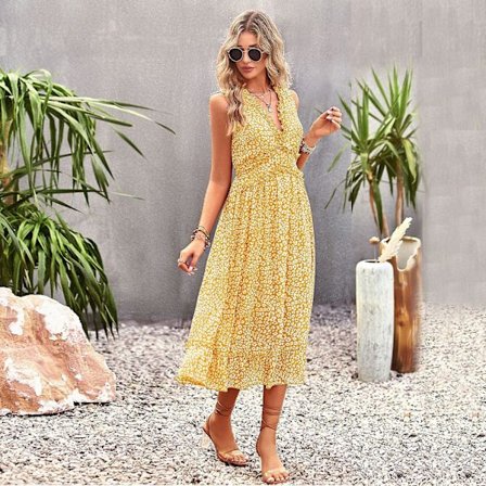 Dame Ferie Tank Forår Sommer Sexet V-hals Ærmeløs Høj Talje Blomsterkjoler