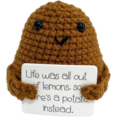Opmuntrende kartoffel, positiv kartoffelgave, sjove kartoffelgaver, sjov strikket kartoffel med positivt kort, inspirerende kartoffeldukke lomme kram,