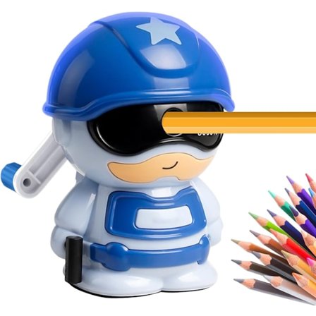 Dette er en justerbar manuell blyantspisser med tre hastigheter, en bordspisser med et lettgripelig roterende hjul og en oppsamlingsboks for spon.