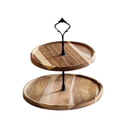2-etasjers Fruktfatstativ i tre, to-etasjers gårdshus i tre, kakefat i tre, dekorativt fatstativ i tre, med metallhåndtak (størrelse:s)—yux