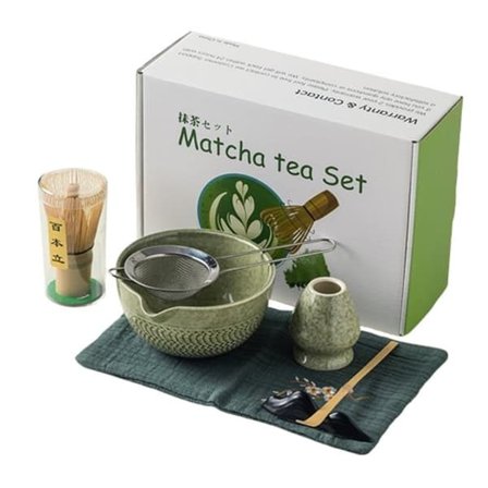 Matcha keramisk tesett – 7 deler, inkludert tebolle, visp og kjøkkenhåndkle, egnet for japansk te-seremoni.