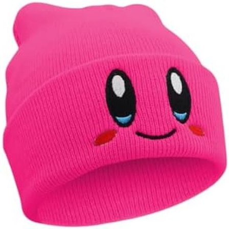 Håndlavet - Kirby Beanie Voksenstørrelse Anime Hat Tilbehør Kawaii, med pænt broderet mønster, Medium Hot Pink