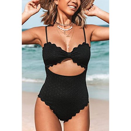Kvinners badedrakt i ett stykke, sexy svart badedrakt med utskjæringer og kamskjellkant
