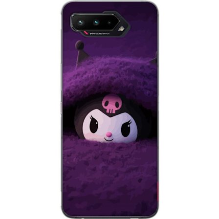 Yhteensopiva Puhelinkuori Asus ROG Phone 5 Kuromi lilassa pörröisessä ympäristössä, jossa on salaperäinen kawaii-suunnittelu.