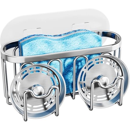 Opvaskebakkeholder, M-formet Svampeholder til Vask, Rustfri Vaskearrangør til Svampebørste Vaskeprop, med 2 Fæstepuder Sølv