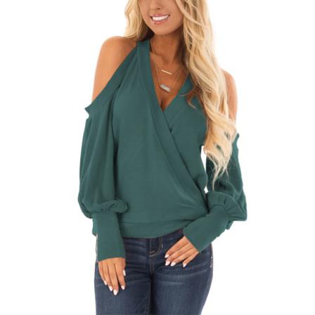 Kvinnor Lantern Ärmar Off Shoulder V Neck Tee Vanlig Tunika Blus