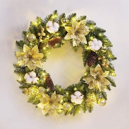 40cm Julekrans med Lys Forudbelyst Hængende Dekoration Fordør Kunstig Rattan Kranser Pinjekone Sløjfer Bær Blomst Bomuld Dekoration (2-b-b) gold