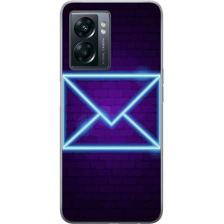 Kompatibel Mobilcover til OnePlus OnePlus Nord N300 Neon illustration af kuvert i blåt lys mod lilla teglvæg, moderne symbol for beskeder kommunikat