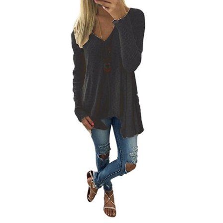 Dam Tunika Tröja med Lång Ärm, V-ringad, Enfärgad, Casual Topp
