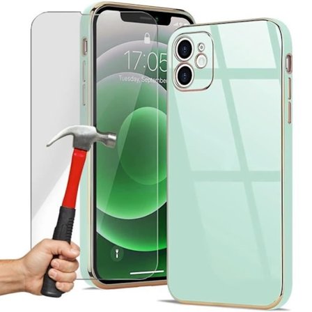 Beskyttelsesskal - E.F.CONNECTION - til iPhone 12 - Turkis - Guld kant - Stødabsorberende - Tempereret glas