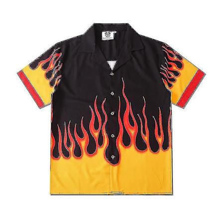 Par-Perfet Par - Gul Flamme Digital Print Tide Mark Casual Løstsiddende Kortærmet Skjorte til Mænd og Kvinder XL
