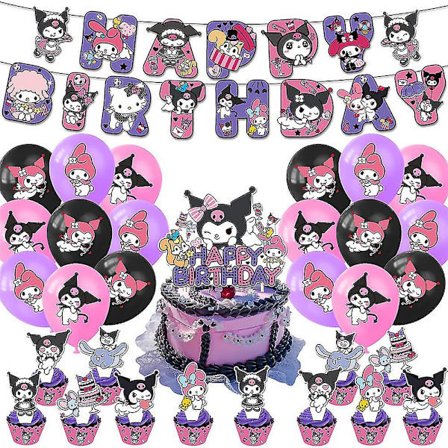 My Melody Kuromi Tecknad Tema Festtillbehör för Barn Flickor Ballonger Grattis på Födelsedagen Banner Tårtdekoration Kit (FMY)