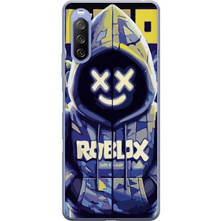 Kompatibelt Mobildeksel til Sony Sony Xperia 10 III Blågul Roblox hettegenserfigur med minimalistisk neonstil og masket ansikt, moderne spillillustra