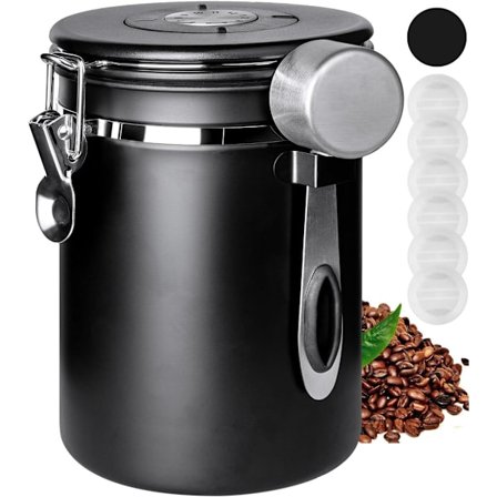 Kaffedåse med lufttæt låg, lufttæt beholder i rustfrit stål med datomarkør og måleske, madopbevaringskrukke