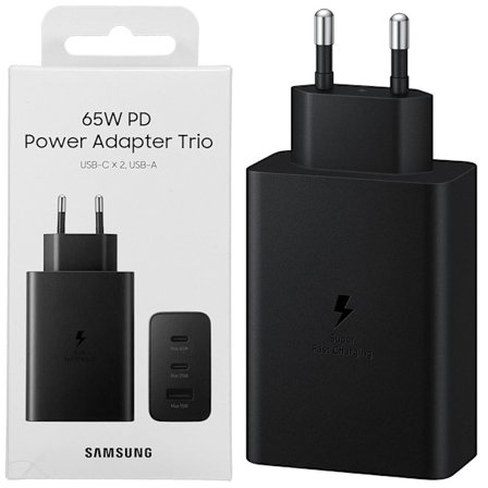 SAMSUNG VÆGOPLADER 2X USB TYPE C / USB PPS, STRØMFORSYNING PD 65W, QC 3.0, AFC, FCP SORT (EP-T6530NBEGEU)