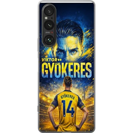 Kompatibel Mobilcover til Sony Sony Xperia 1 VI Viktor Gyökeres fodboldplakat i gul og blå farve med dramatisk stadionbaggrund, sportsillustration f