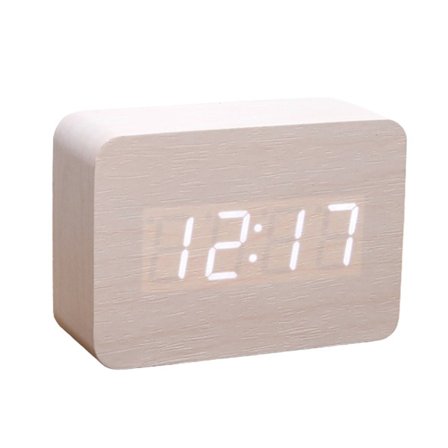 Digital vekkerklokke i tre med justerbar lysstyrke, stemmestyring, LED-klokke, rektangulær skjerm, tid, temperatur, hjemmeinnredning