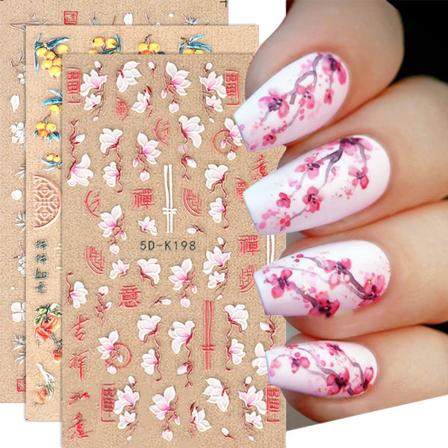 IC Blomma Nail Art Stickers Akryl 5D Forårsrosa Kirsebærblomster Hvid Blomst Negledekoration Selvklæbende Negledekorationer Tilbehør (3 ark)