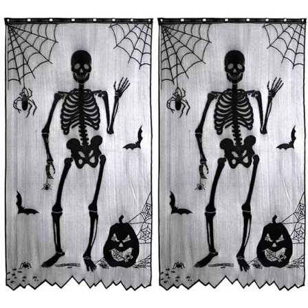 Halloween, 2 st Skelett Fladdermus Spindelväv Gardiner Dörrpaneler Omslag Halloween Svart Spets Fönster Gardiner Spöklik Fest Högtidsdekorationer, 