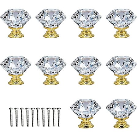 Klara diamantlådsknoppar, 10 st genomskinliga kristalldörrhandtag, klar diamant