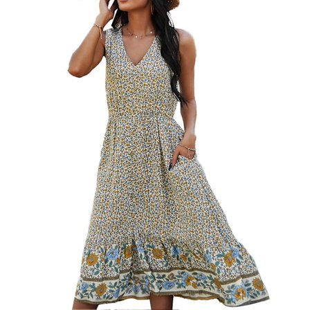 Sommer Blomsterkjole Ærmeløs V-hals Elastisk Talje Rufflet Kant Kvinder Midi Casual Kjole til Strand Ferie