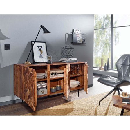 Rootz skænk 144x72x47 cm massivt sheesham træ - metal skænk - kommode med tre låger - Kommode skab træ moderne - Stå skab stue