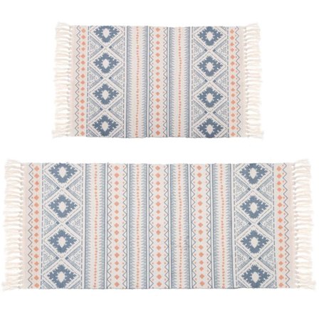 2-delt etnisk stil bomullslin sengebordmatte lang gulv