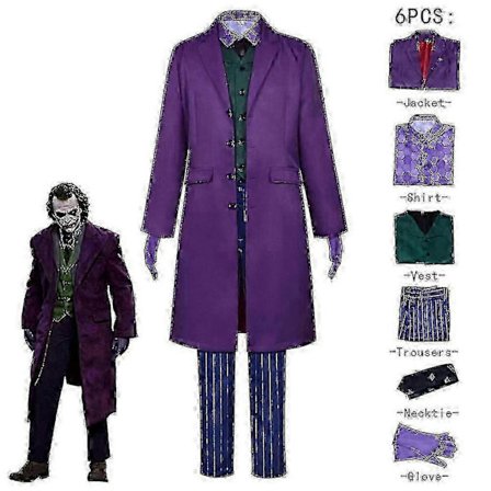 Høykvalitets Heath Ledger Cosplay Dress Halloween Herre Film The Dark Knight Joker Kostyme Lilla Jakke Komplett Sett V
