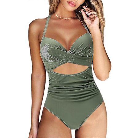 Naisten uimapuku, avoin yksiosainen uimapuku, halterneck, korkea vyötärö, rantavaatteet, push-up uimapuku, naisten vihreä