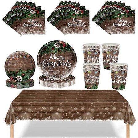 Julefestlignende Træservise Sæt Dekoration, 20 Papirservietter, 16 Papirkopper, 16 Papirtallerkener 7 tommer, 16 Papirtallerkener 9 tommer, 1P Dug, 