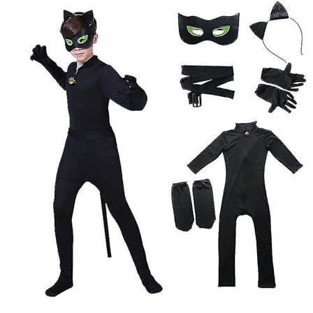 Børne Sort Kat Kostume Drenge Cosplay Noel Bodysuit Sæt Med Maske, Øre, Hale