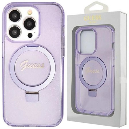 Guess Ring Stand Script Glitter MagSafe-deksel til iPhone 15 Pro - lilla