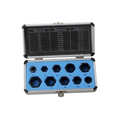 Utdragare för trasiga muttrar, 10-delars set, aluminiumlåda, utdragare för trasiga gängor och bultar, verktyg för sexkantsskruvar, kort modell