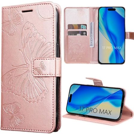 Coque til iPhone 17 Pro Max, Beskyttelse Flip Case Stødabsorberende i Kunstlæder med Sommerfuglemotiv - Pink