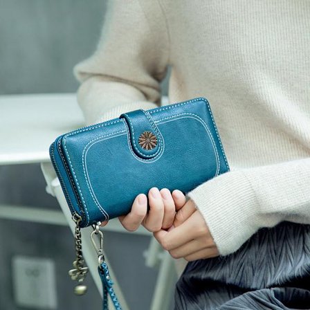 Trendy ny oljet skinnlommebok for kvinner, stor lommebok i retrostil med seddelklemme, håndveske med glidelås, oljevokset skinn telefonveske