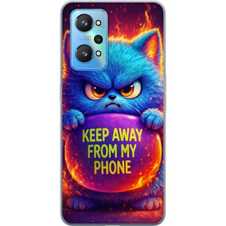 Kompatibelt Mobildeksel til Realme Realme GT Neo2 Sinna lodne blå katt med teksten "Hold deg unna telefonen min" i neonfarger og ildlignende effekter