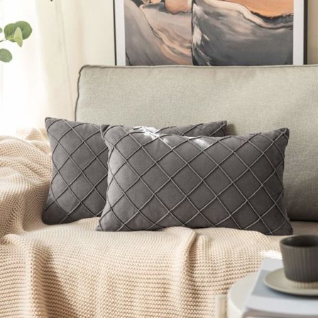 Sæt med 2 velour pudebetræk, gitter sofa puder, dekorative puder, pudebetræk, sofa puder, velour puder, bløde 30 x 50 cm, mørkegrå