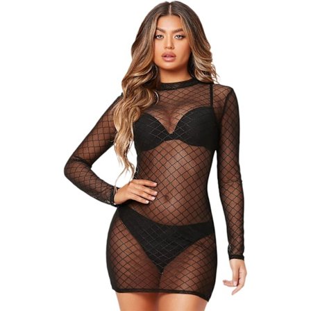 2025 Siste Modell Sexy Gjennomsiktig Mesh Langermet Mini Bodycon Kjole for Kvinner