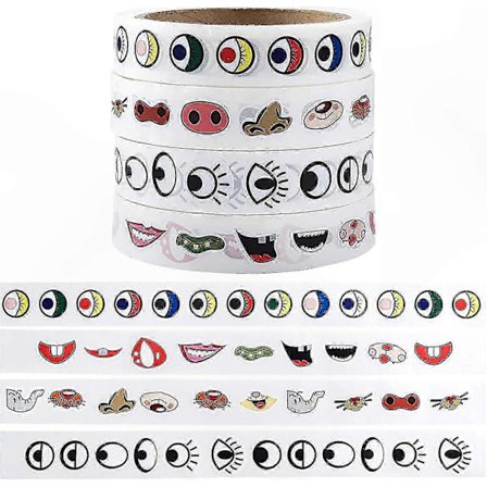 4000 Selvklæbende Hobby Klistermærker | 4 Ruller med Farverige Øjne, Sorte Øjne, Næser & Munde til DIY Projekter