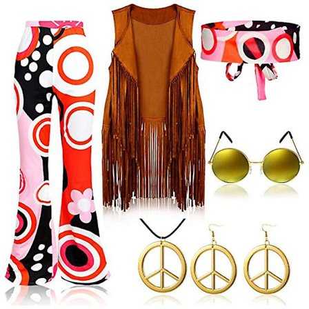 70-tals Hippie Party Retro Kostym Tofs Väst+byxor+halsduk Kostym