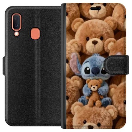 Kompatibelt Lommeboketui til Samsung Galaxy A20e Stitch omgitt av brune teddybjørner med en liten teddybjørn i fanget i en søt og koselig kawaii-desig