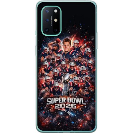 Yhteensopiva Puhelinkuori OnePlus 8T Super Bowl 2026 juliste, jossa New England Patriots ja NFL-mestaruuspalkinto räjähtävän urheilullisessa suunnitte