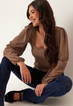 BUBBLEROOM-Square Neck Balloon Sleeve Top-XL