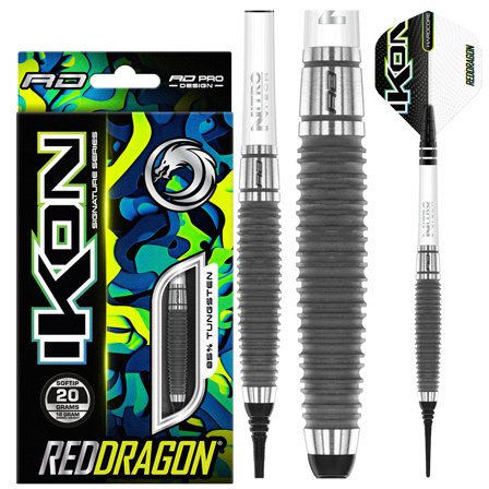 Red Dragon Darts Ikon 1.1 Soft Tip Darts, 18g, 85% Tungsten, Grey/White, Professional Steel Tip Darts, Flights, Shafts, Set, Accessories