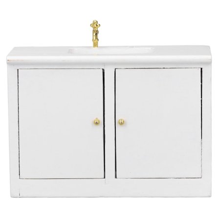 Dukkehus i tre, baderomsvask, simulert hvit dukkehus, miniatyrvaskeservant, skap, enkel vask 1:12 dukkehusmøbler