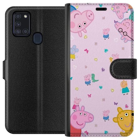 Kompatibelt Lommeboketui til Samsung Galaxy A21s Peppa Gris med en baby i armene, mamma gris motiv i fargerik og myk barneillustrasjon med hjerter